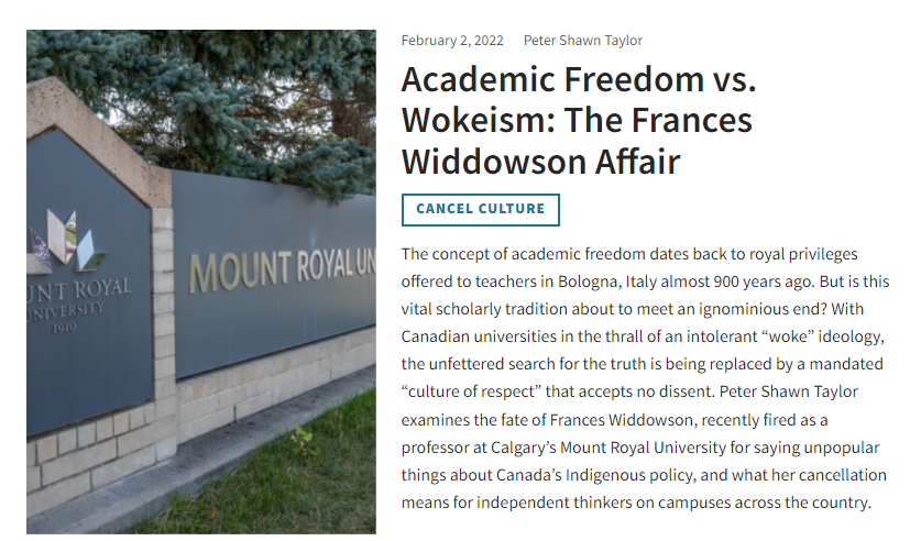 Peter Shawn Taylor, “Academic Freedom vs. Wokeism: The Frances Widdowson Affair”, C2C Journal